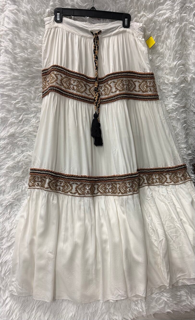 VENUS Women’s M Ivory Boho Embroidered Tiered Maxi Skirt Tassel Tie Beaded